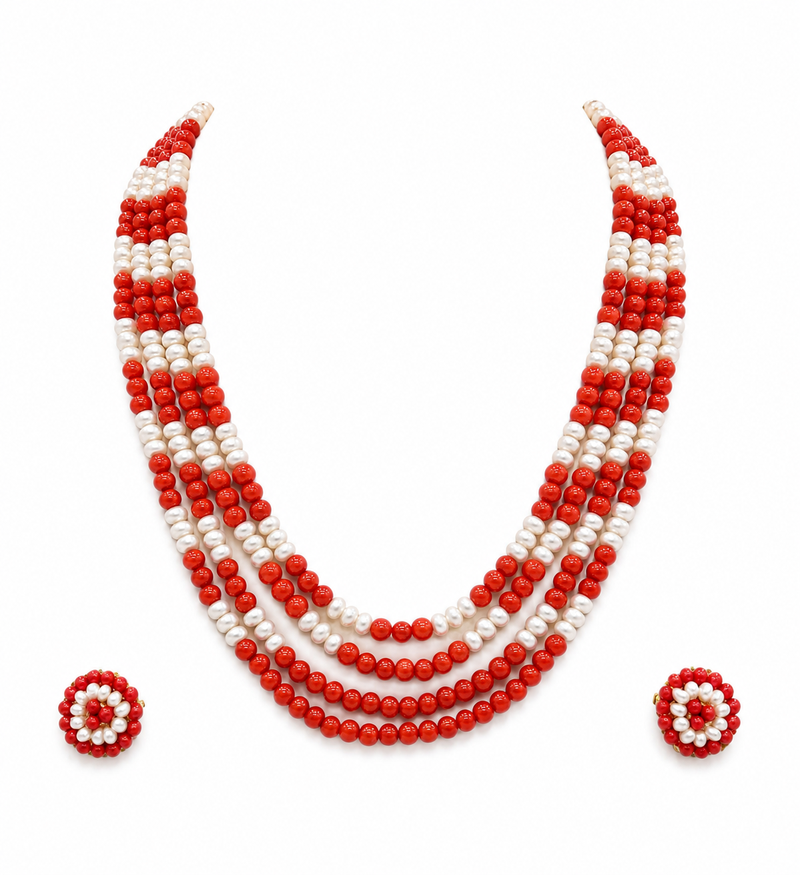 Red coral & white pearl multi-layer beaded necklace earring set