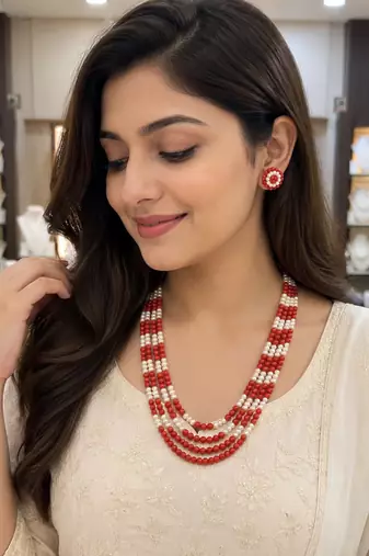 Red coral & white pearl multi-layer beaded necklace earring set
