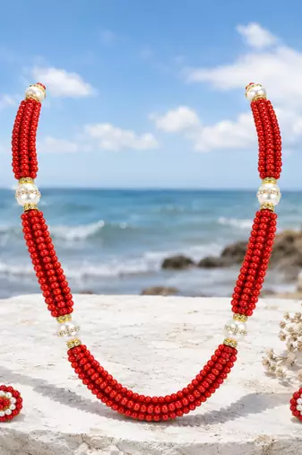 Red coral bead multi-strand necklace set with pearl earrings