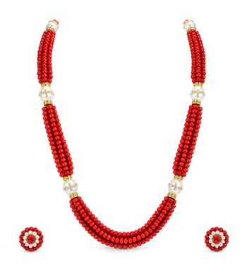Red coral bead multi-strand necklace set with pearl earrings 2