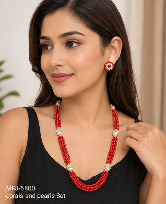 Red coral bead multi-strand necklace set with pearl earrings 3