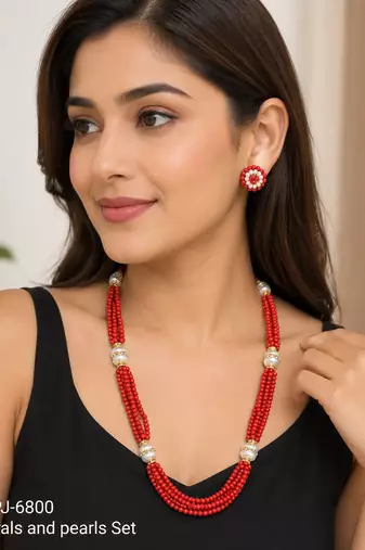 Red coral bead multi-strand necklace set with pearl earrings
