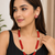 Red coral bead multi-strand necklace set with pearl earrings