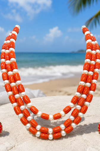 Coral beads & pearl 3-layer necklace set with stud earrings
