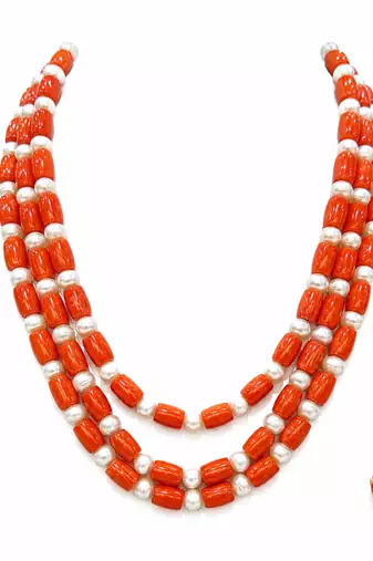 Coral beads & pearl 3-layer necklace set with stud earrings