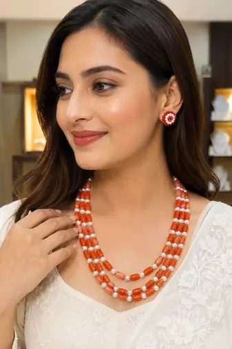 Coral beads & pearl 3-layer necklace set with stud earrings