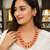 Coral beads & pearl 3-layer necklace set with stud earrings