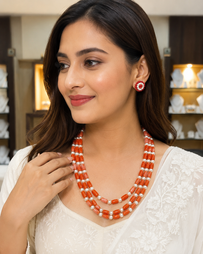Coral beads & pearl 3-layer necklace set with stud earrings