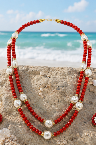 Red coral bead & baroque pearl double strand necklace set