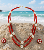 Red coral bead & baroque pearl double strand necklace set