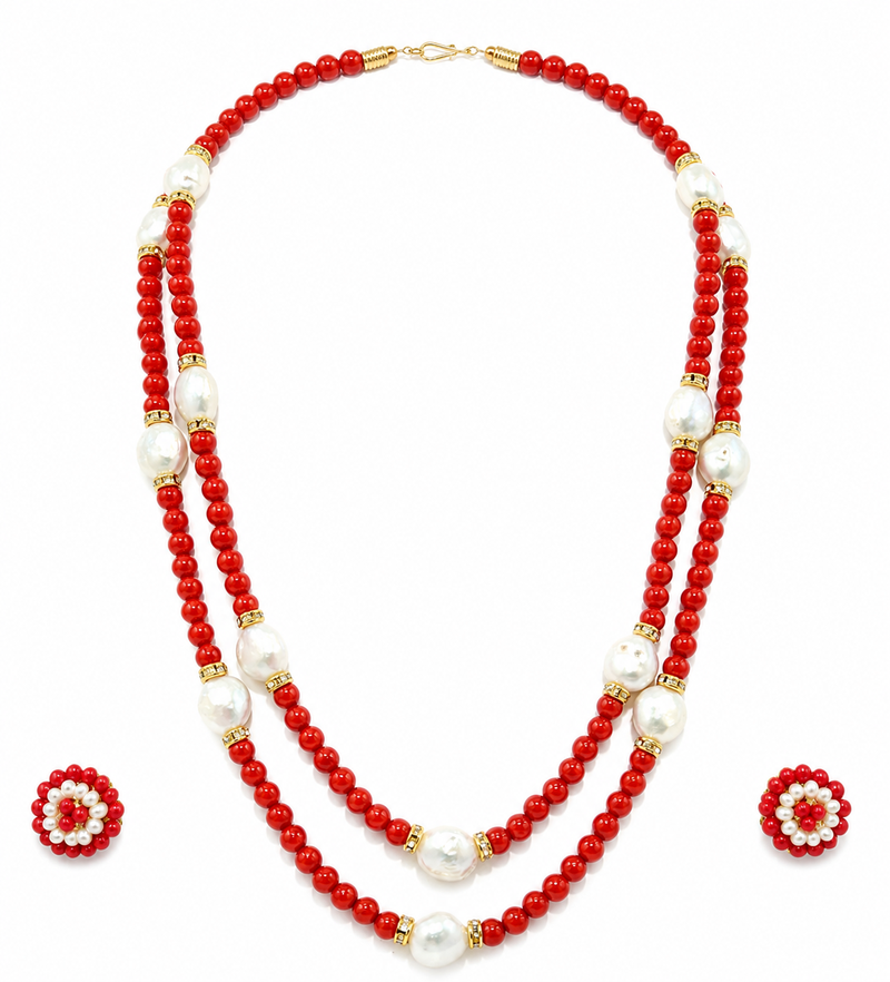 Red coral bead & baroque pearl double strand necklace set