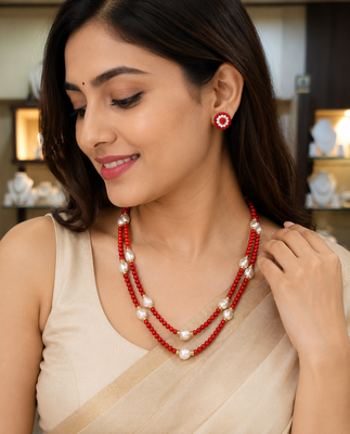 Red coral bead & baroque pearl double strand necklace set 3