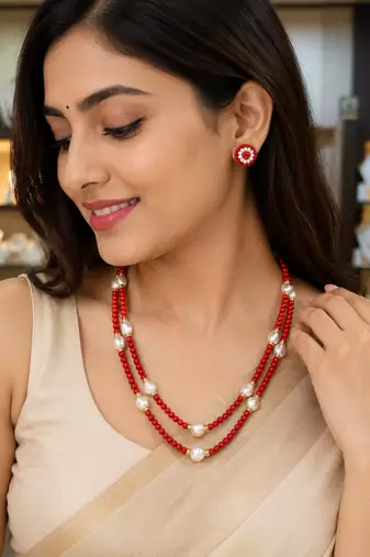 Red coral bead & baroque pearl double strand necklace set