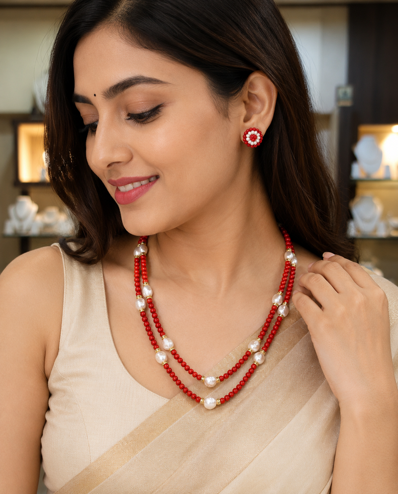 Red coral bead & baroque pearl double strand necklace set