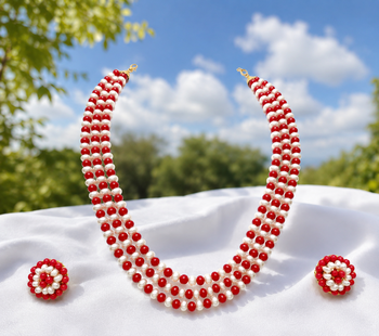 Red coral & white pearl 3-layer necklace and earrings set 1