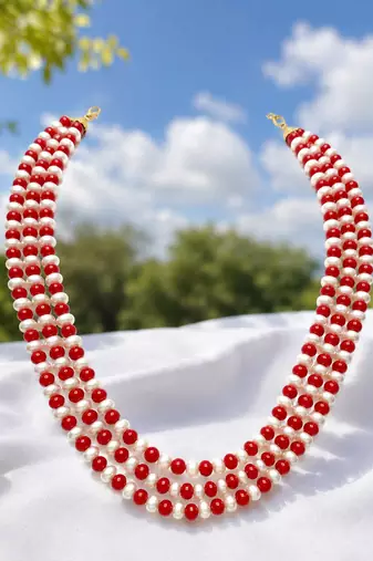 Red coral & white pearl 3-layer necklace and earrings set