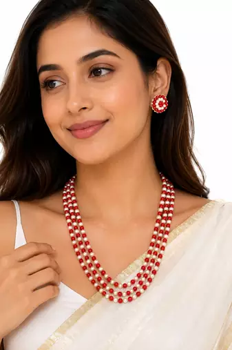 Red coral & white pearl 3-layer necklace and earrings set