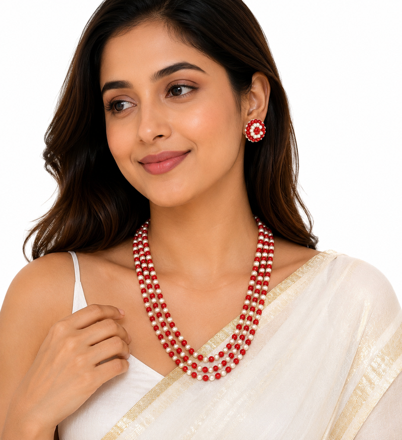 Red coral & white pearl 3-layer necklace and earrings set