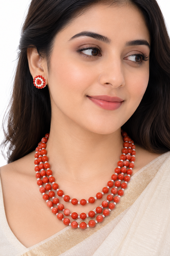 Red coral bead 3-layer necklace set with pearl stud earrings