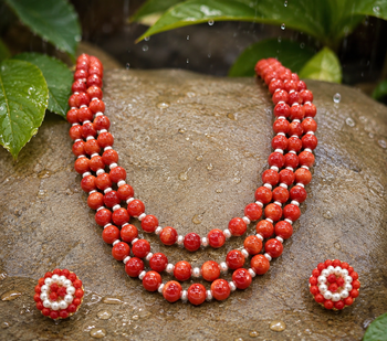 Red coral bead 3-layer necklace set with pearl stud earrings 2