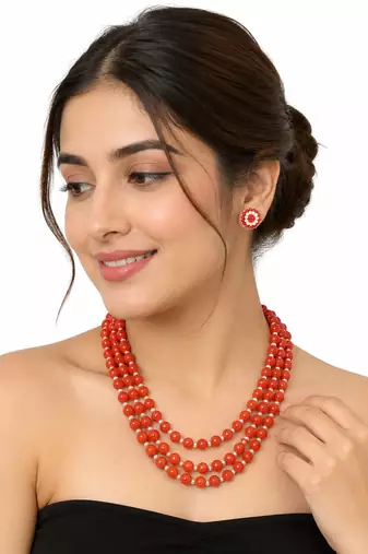 Red coral bead 3-layer necklace set with pearl stud earrings