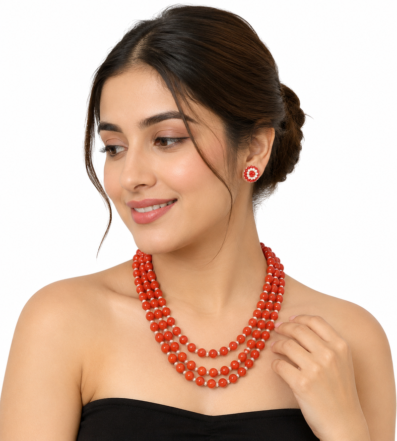 Red coral bead 3-layer necklace set with pearl stud earrings