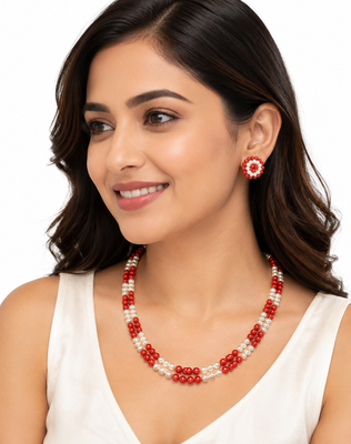 Red coral bead & pearl double strand necklace and earring set 2