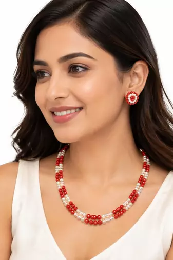 Red coral bead & pearl double strand necklace and earring set