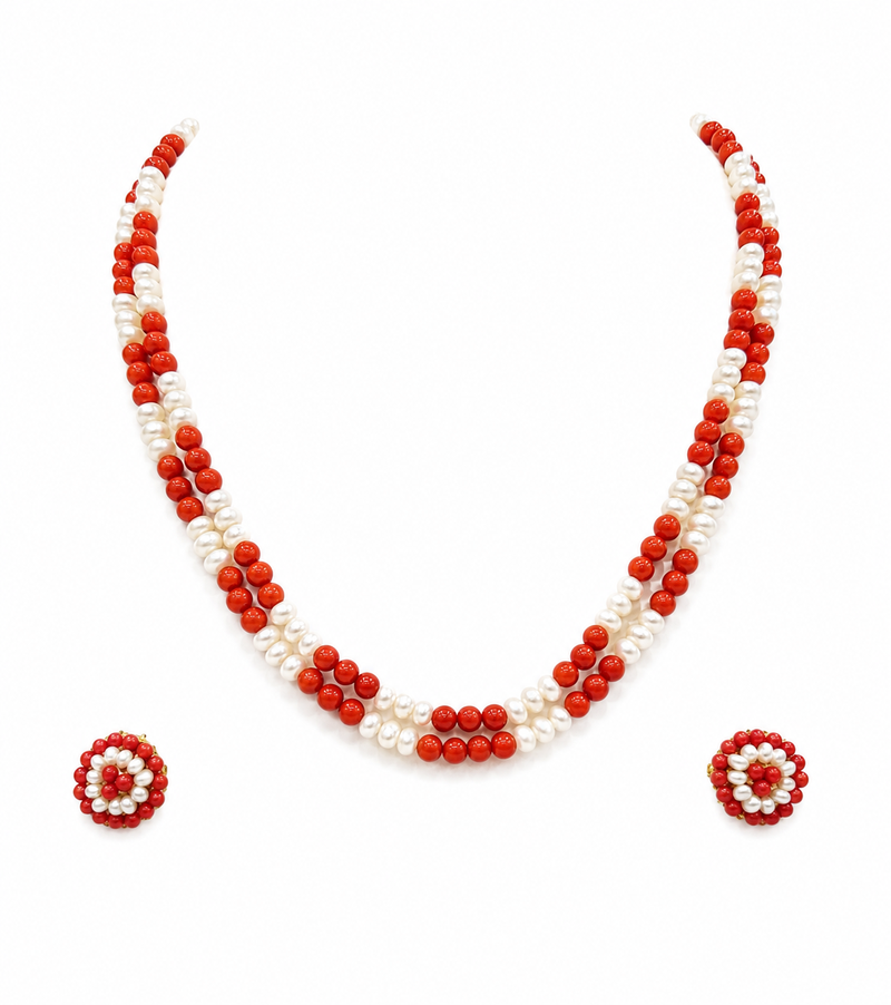 Red coral bead & pearl double strand necklace and earring set