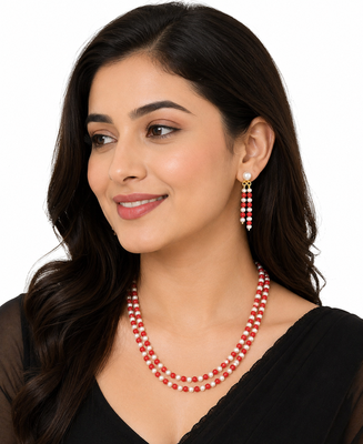 Double strand pearl and red coral bead necklace set with earrings 1