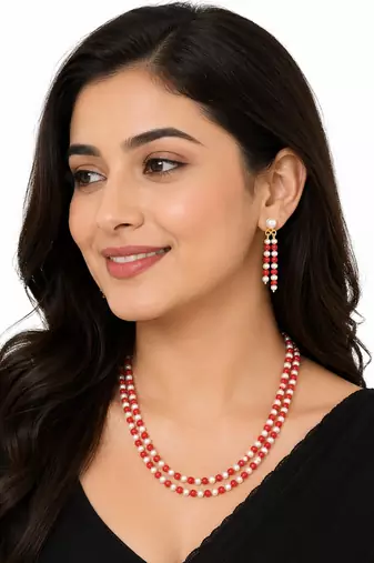 Double strand pearl and red coral bead necklace set with earrings