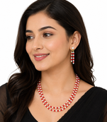 Double strand pearl and red coral bead necklace set with earrings
