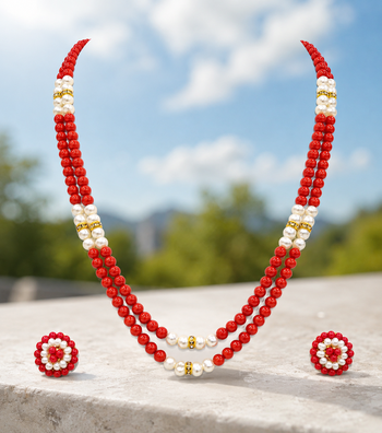 New red coral bead & pearl double strand necklace and earring set 1