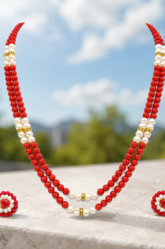 New red coral bead & pearl double strand necklace and earring set