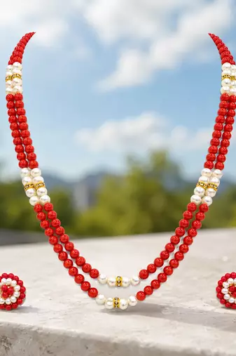 New red coral bead & pearl double strand necklace and earring set