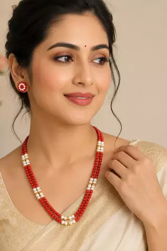 New red coral bead & pearl double strand necklace and earring set