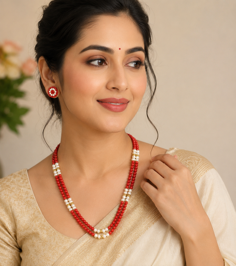 New red coral bead & pearl double strand necklace and earring set