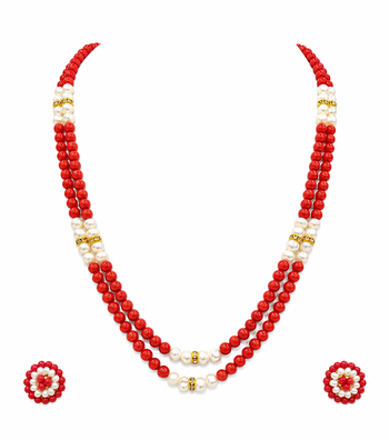 New red coral bead & pearl double strand necklace and earring set 3