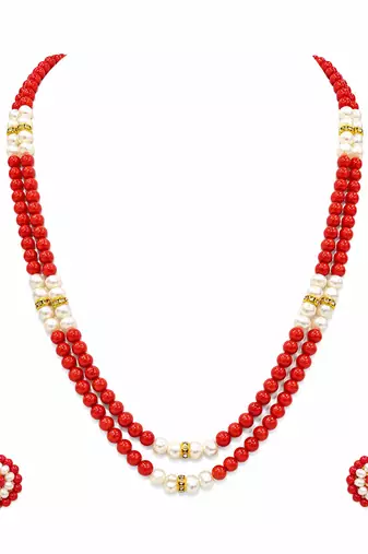 New red coral bead & pearl double strand necklace and earring set