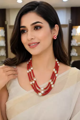 Gold-tone spacers, floral stud earrings, traditional indian wear, multi-strand design, red & white colour
