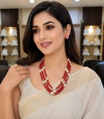 Gold-tone spacers, floral stud earrings, traditional indian wear, multi-strand design, red & white colour