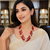 Gold-tone spacers, floral stud earrings, traditional indian wear, multi-strand design, red & white colour