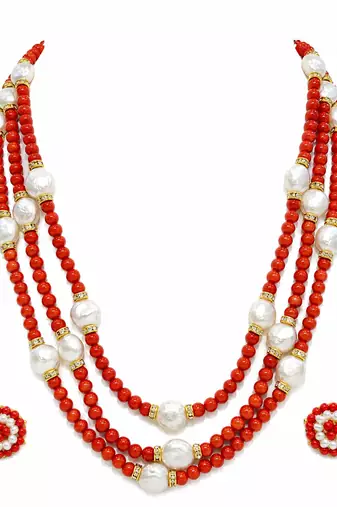 Gold-tone spacers, floral stud earrings, traditional indian wear, multi-strand design, red & white colour