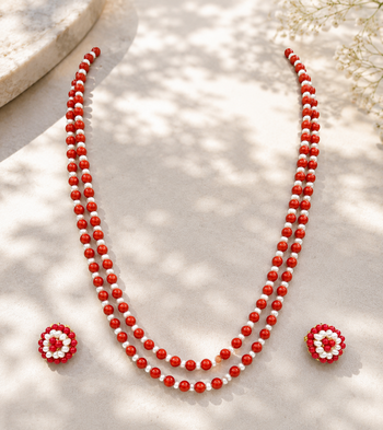 Red coral & pearl double strand beaded necklace set with earrings 1