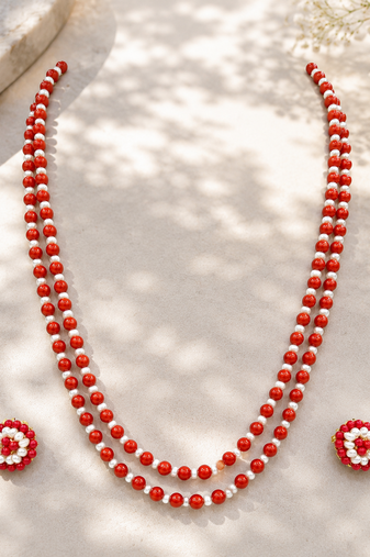 Red coral & pearl double strand beaded necklace set with earrings