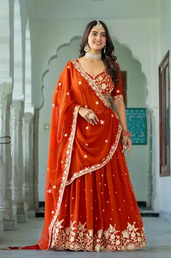 ORANGE GEORGETTE EMBROIDERD LEHENGA CHOLI WITH BLOUSE