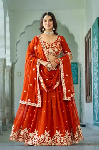 ORANGE GEORGETTE EMBROIDERD LEHENGA CHOLI WITH BLOUSE