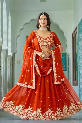 ORANGE GEORGETTE EMBROIDERD LEHENGA CHOLI WITH BLOUSE