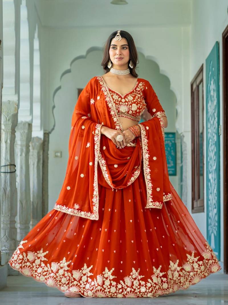 ORANGE GEORGETTE EMBROIDERD LEHENGA CHOLI WITH BLOUSE