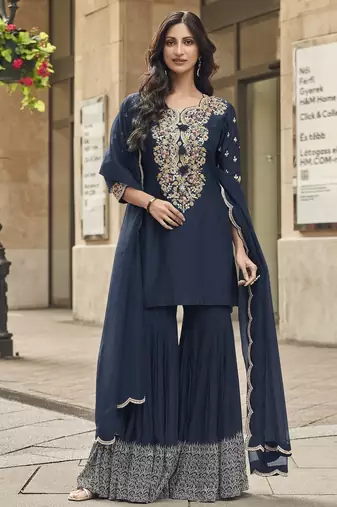 Blue silk blend  zari embroidered sequins elegant sharara suit